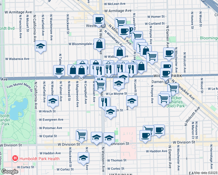 map of restaurants, bars, coffee shops, grocery stores, and more near 1510 North Claremont Avenue in Chicago
