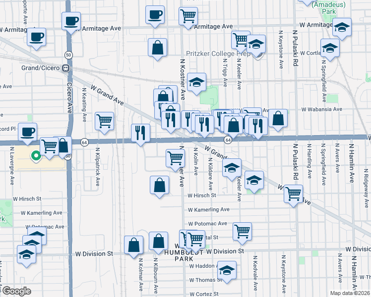 map of restaurants, bars, coffee shops, grocery stores, and more near 1520 North Kostner Avenue in Chicago