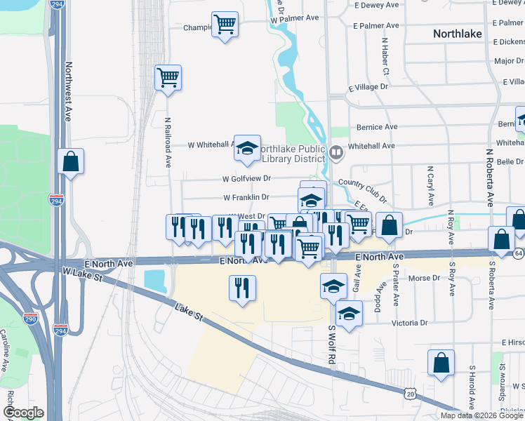 map of restaurants, bars, coffee shops, grocery stores, and more near 67 West West Drive in Northlake