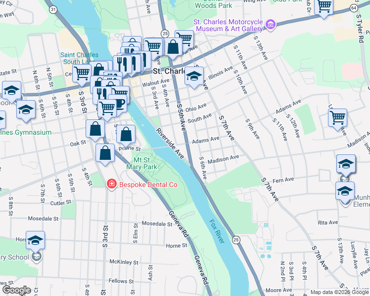map of restaurants, bars, coffee shops, grocery stores, and more near 806 Riverside Avenue in St. Charles