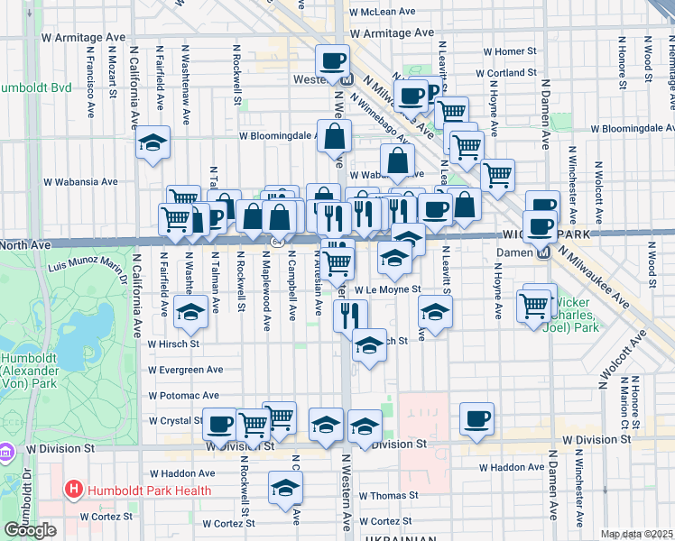 map of restaurants, bars, coffee shops, grocery stores, and more near 1510 North Claremont Avenue in Chicago