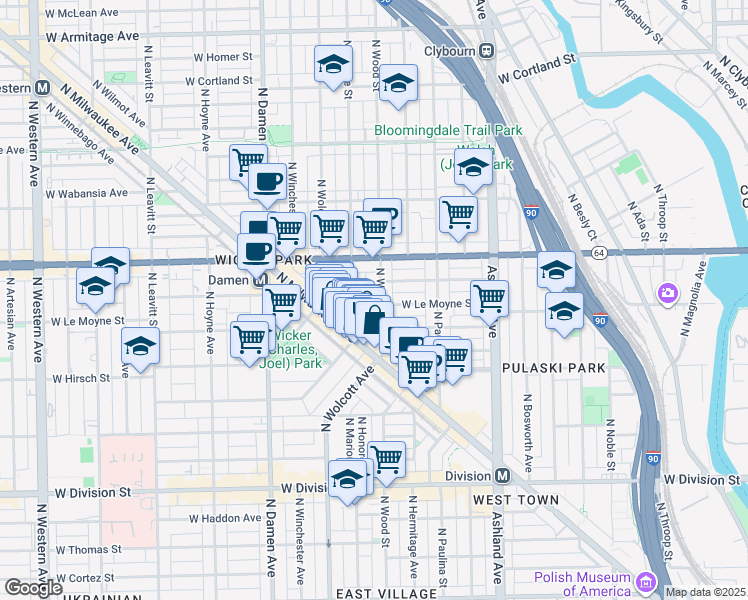 map of restaurants, bars, coffee shops, grocery stores, and more near 1418 North Elk Grove Avenue in Chicago