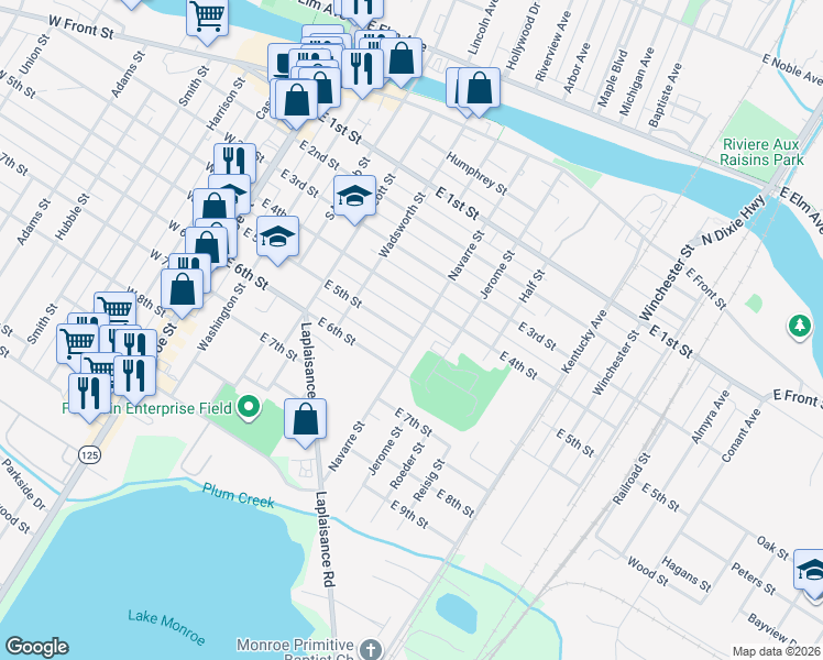 map of restaurants, bars, coffee shops, grocery stores, and more near 511 Navarre Street in Monroe