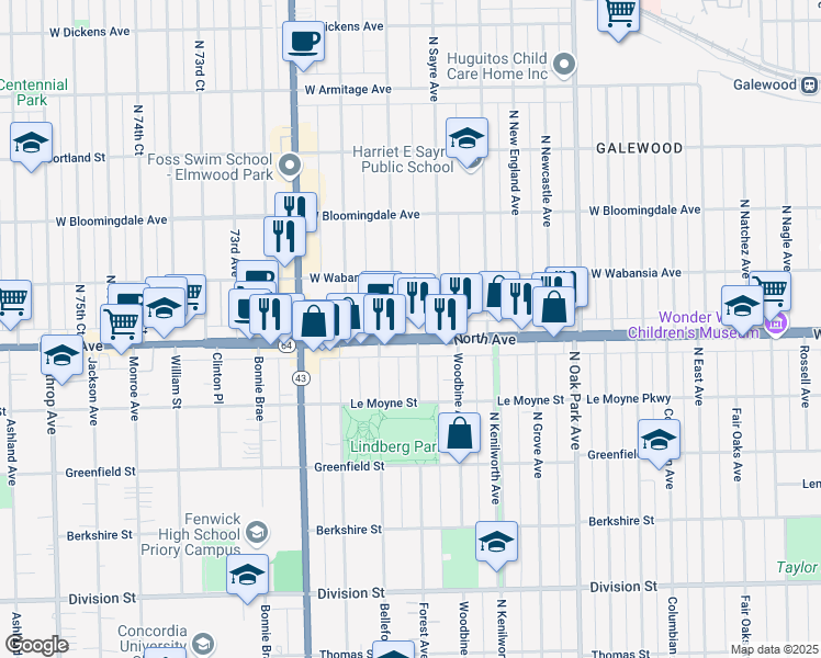 map of restaurants, bars, coffee shops, grocery stores, and more near in Oak Park