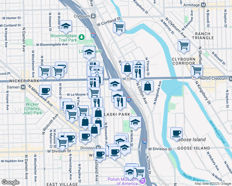 map of restaurants, bars, coffee shops, grocery stores, and more near 1517 North Greenview Avenue in Chicago