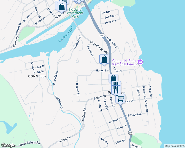 map of restaurants, bars, coffee shops, grocery stores, and more near 145 Dogwood Lane in Port Ewen