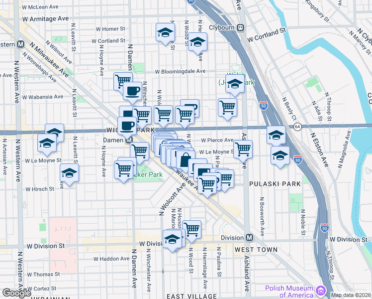 map of restaurants, bars, coffee shops, grocery stores, and more near 1512 North Wood Street in Chicago