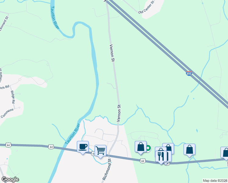 map of restaurants, bars, coffee shops, grocery stores, and more near 16 Vernon Street in Middleborough