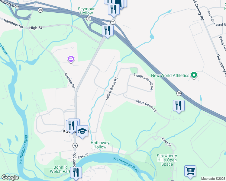 map of restaurants, bars, coffee shops, grocery stores, and more near 43 Pioneer Drive in Windsor