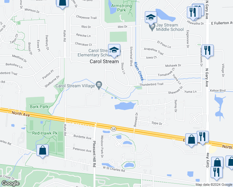map of restaurants, bars, coffee shops, grocery stores, and more near 230 Arrowhead Trail in Carol Stream