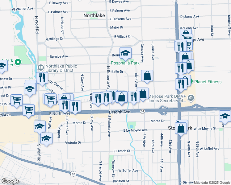 map of restaurants, bars, coffee shops, grocery stores, and more near 106 Williams Drive in Northlake