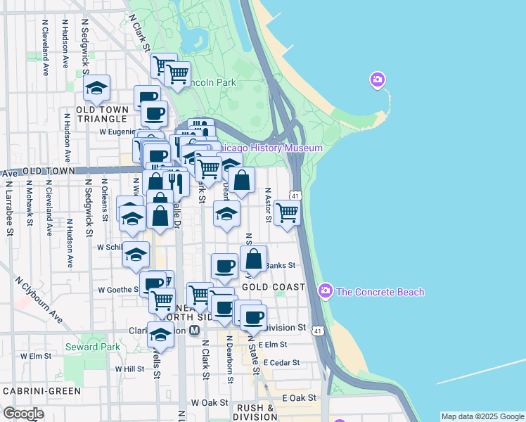 map of restaurants, bars, coffee shops, grocery stores, and more near 1515 North State Parkway in Chicago
