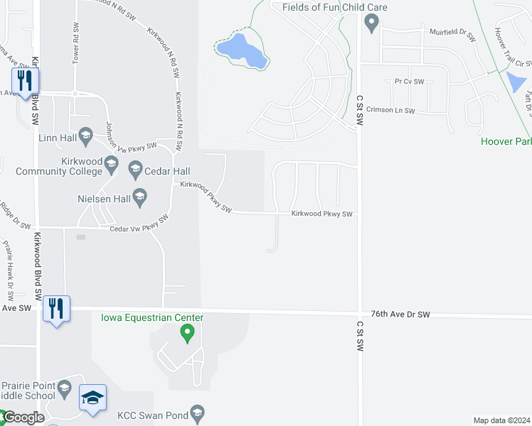 map of restaurants, bars, coffee shops, grocery stores, and more near Kirkwood Parkway Southwest in Cedar Rapids