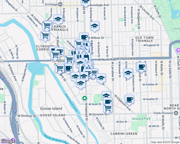 map of restaurants, bars, coffee shops, grocery stores, and more near 1538 North Clybourn Avenue in Chicago