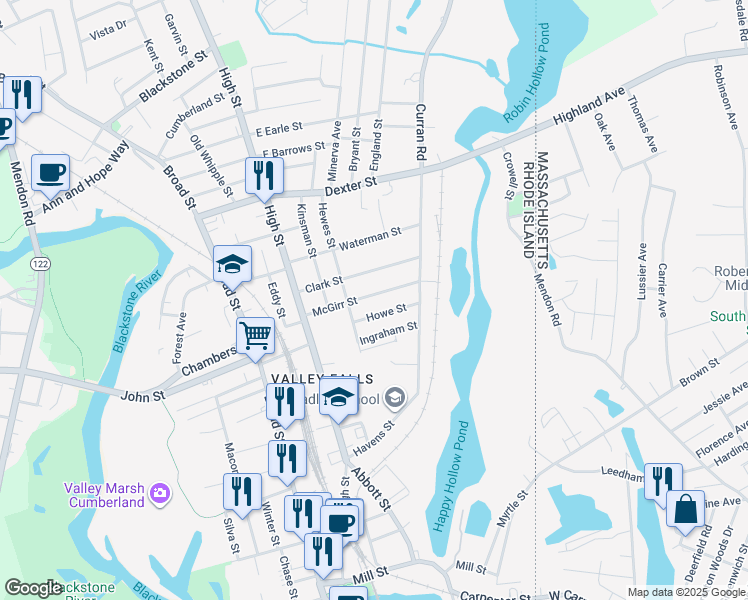 map of restaurants, bars, coffee shops, grocery stores, and more near 99 Clark Street in Cumberland