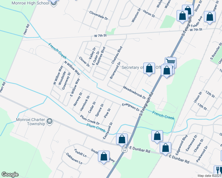 map of restaurants, bars, coffee shops, grocery stores, and more near 1702 Meadowbrook Drive in Monroe