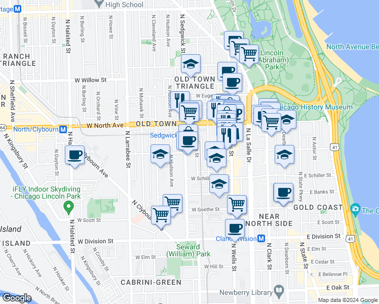 map of restaurants, bars, coffee shops, grocery stores, and more near 1522 North Orleans Street in Chicago