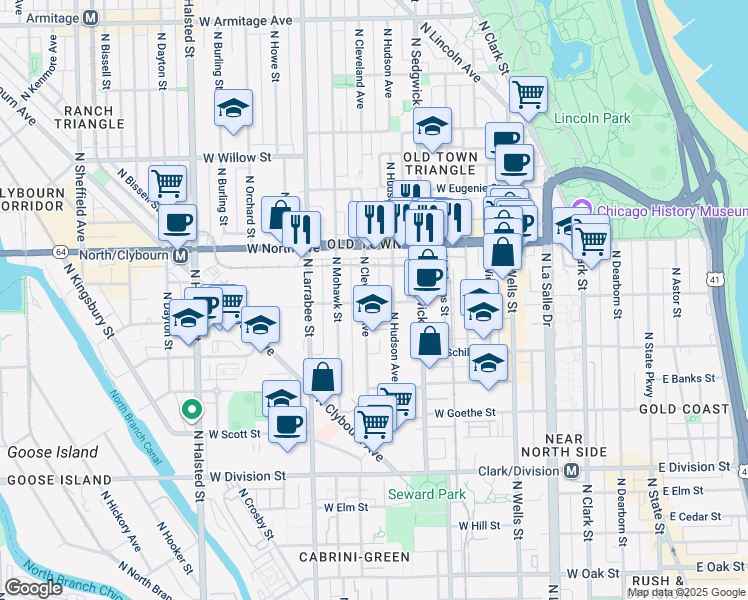 map of restaurants, bars, coffee shops, grocery stores, and more near 1523 North Cleveland Avenue in Chicago