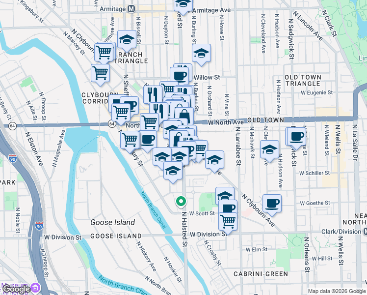 map of restaurants, bars, coffee shops, grocery stores, and more near in Chicago
