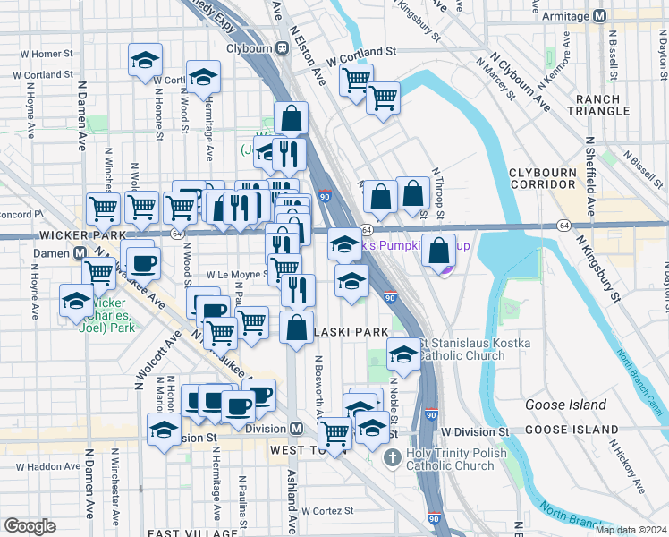 map of restaurants, bars, coffee shops, grocery stores, and more near 1541 North Bosworth Avenue in Chicago