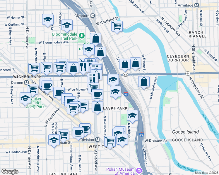 map of restaurants, bars, coffee shops, grocery stores, and more near 1541 North Bosworth Avenue in Chicago