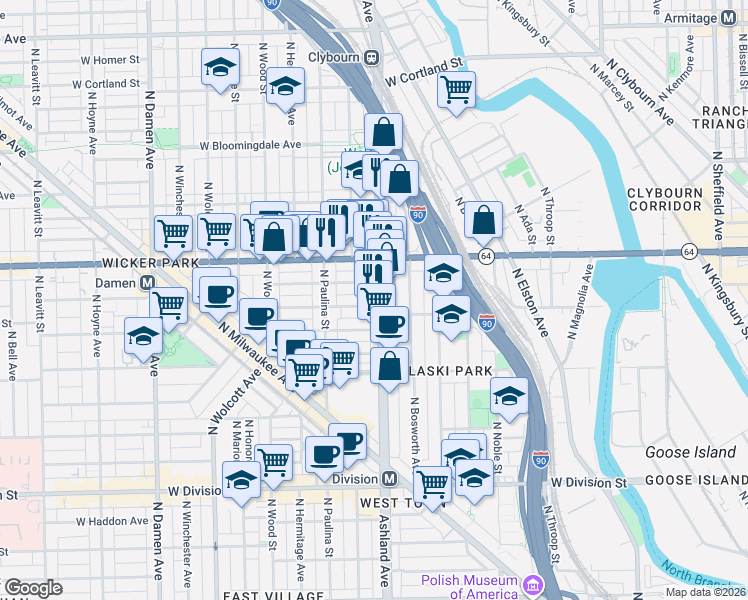 map of restaurants, bars, coffee shops, grocery stores, and more near 1515 North Ashland Avenue in Chicago