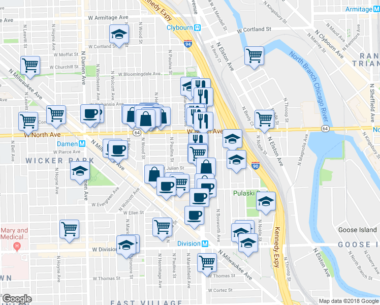 map of restaurants, bars, coffee shops, grocery stores, and more near 1641 West North Avenue in Chicago
