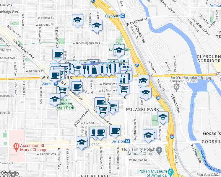 map of restaurants, bars, coffee shops, grocery stores, and more near 1528 North Paulina Street in Chicago