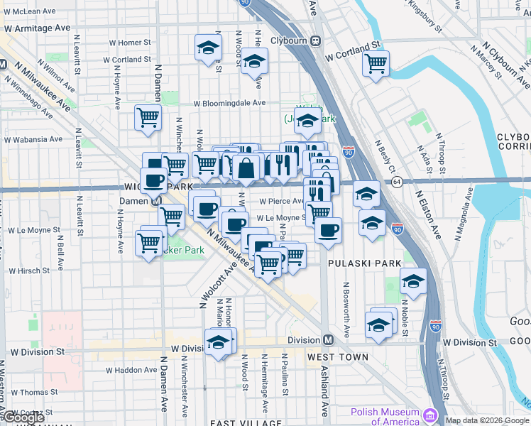 map of restaurants, bars, coffee shops, grocery stores, and more near 1528 North Paulina Street in Chicago