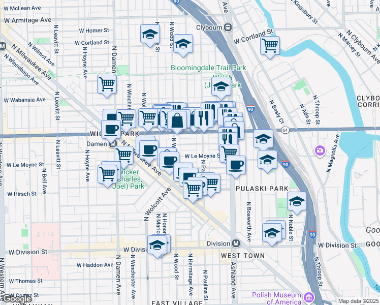 map of restaurants, bars, coffee shops, grocery stores, and more near 1528 North Paulina Street in Chicago
