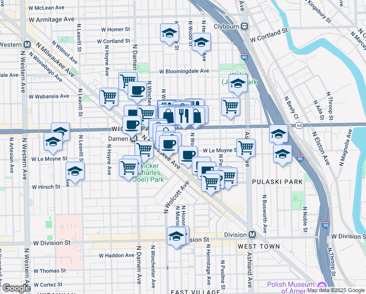 map of restaurants, bars, coffee shops, grocery stores, and more near in Chicago