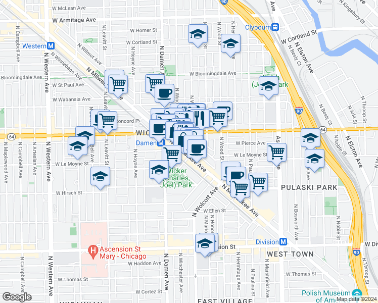 map of restaurants, bars, coffee shops, grocery stores, and more near 1530 North Elk Grove Avenue in Chicago