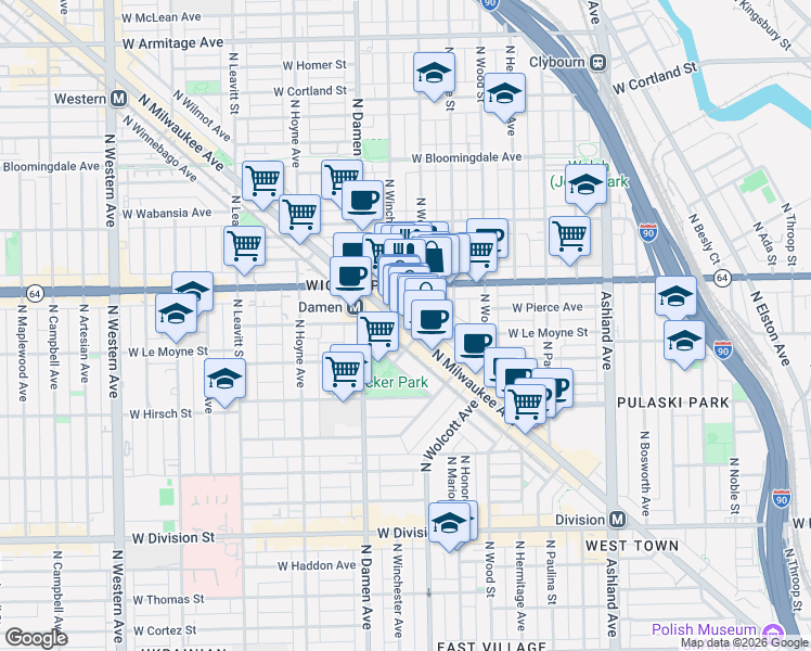map of restaurants, bars, coffee shops, grocery stores, and more near 1530 North Elk Grove Avenue in Chicago