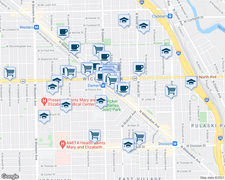 map of restaurants, bars, coffee shops, grocery stores, and more near 1563 North Milwaukee Avenue in Chicago
