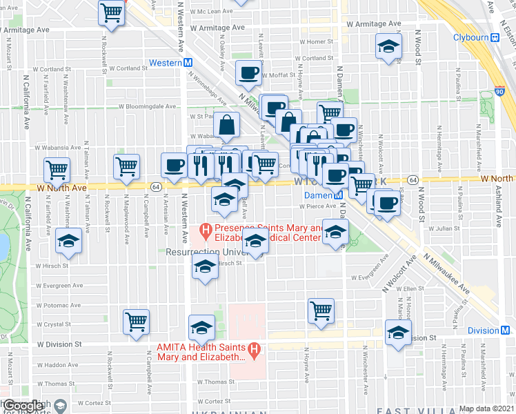 map of restaurants, bars, coffee shops, grocery stores, and more near 1548 North Leavitt Street in Chicago