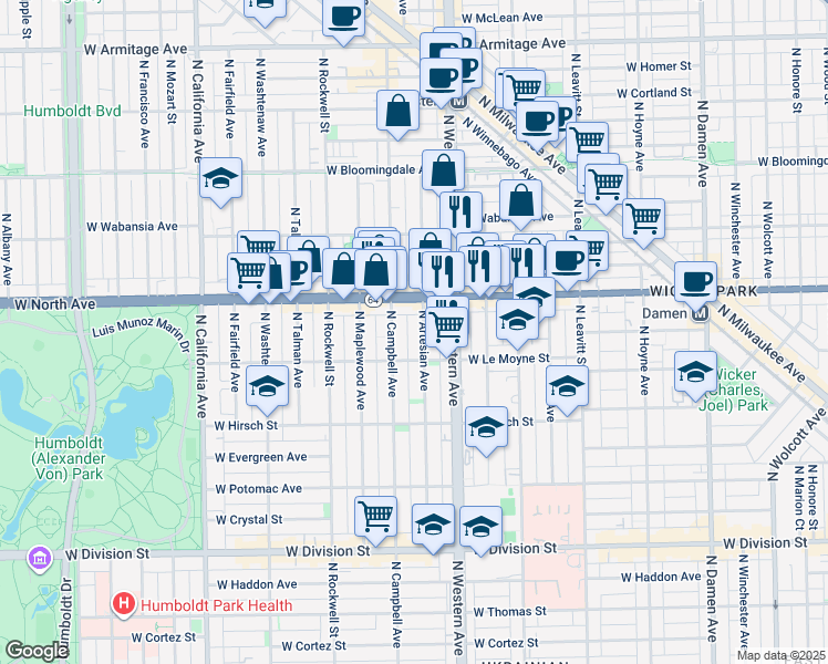 map of restaurants, bars, coffee shops, grocery stores, and more near 2437 West North Avenue in Chicago