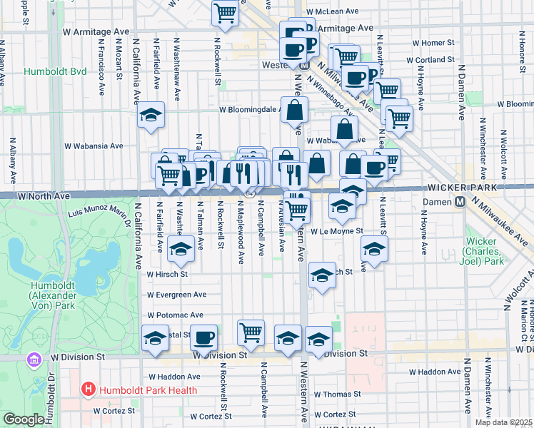 map of restaurants, bars, coffee shops, grocery stores, and more near 2503 West North Avenue in Chicago