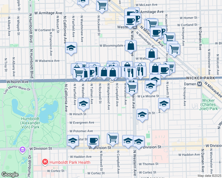 map of restaurants, bars, coffee shops, grocery stores, and more near 2503 West North Avenue in Chicago