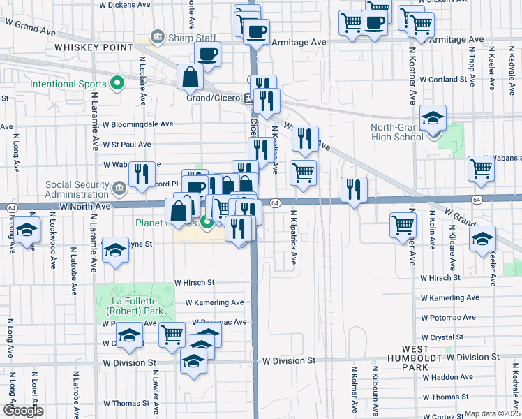 map of restaurants, bars, coffee shops, grocery stores, and more near in Chicago