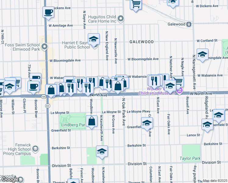 map of restaurants, bars, coffee shops, grocery stores, and more near 1632 North Newcastle Avenue in Chicago