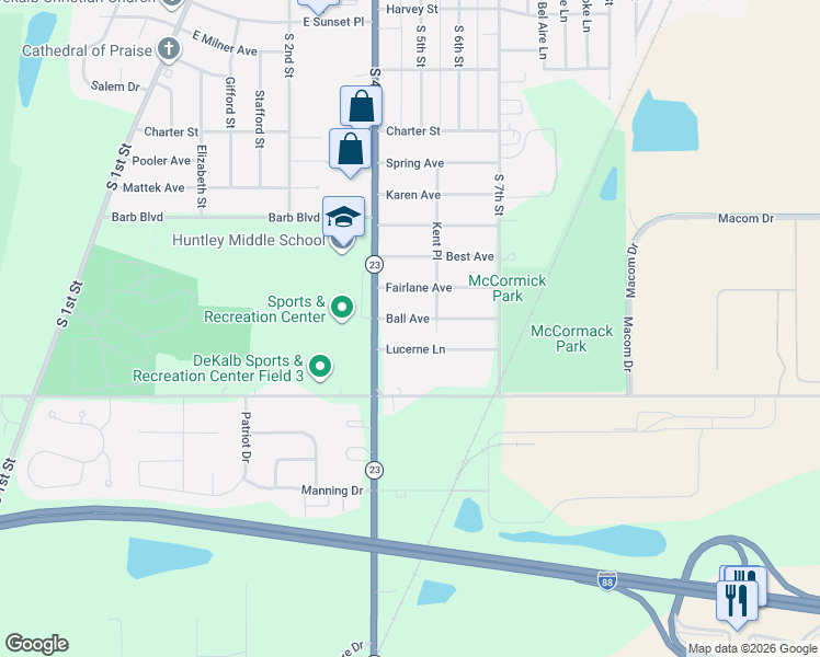 map of restaurants, bars, coffee shops, grocery stores, and more near 425 Ball Avenue in DeKalb