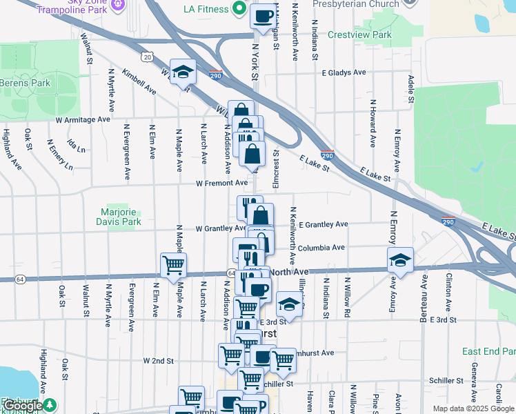 map of restaurants, bars, coffee shops, grocery stores, and more near 115 East Fremont Avenue in Elmhurst