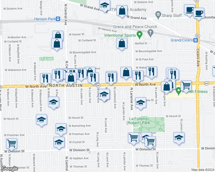 map of restaurants, bars, coffee shops, grocery stores, and more near 5333 West North Avenue in Chicago