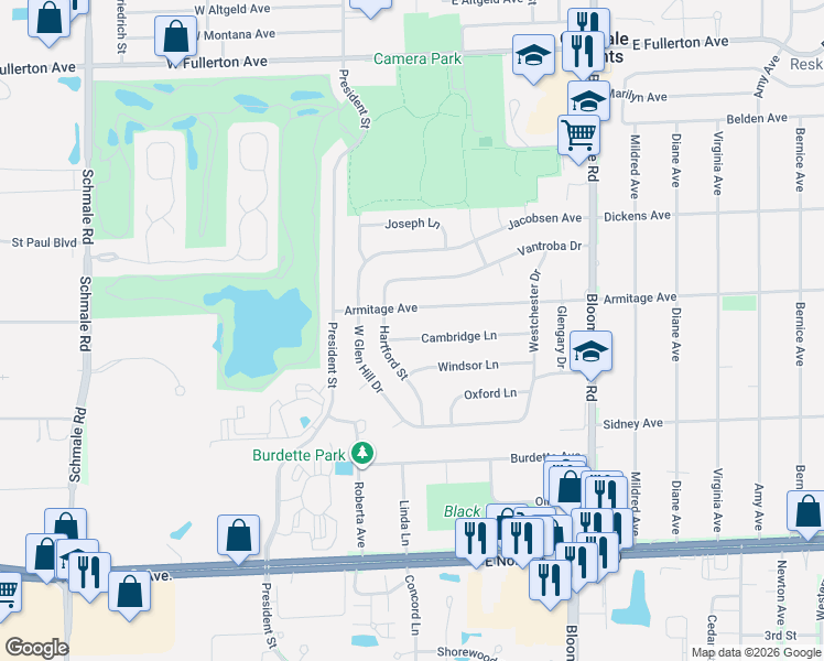 map of restaurants, bars, coffee shops, grocery stores, and more near 46 Armitage Avenue in Glendale Heights