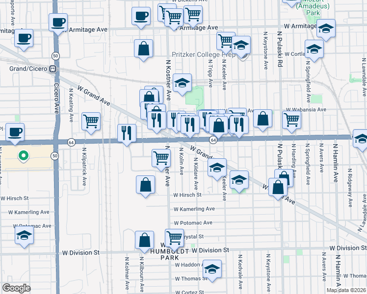 map of restaurants, bars, coffee shops, grocery stores, and more near 4311 West North Avenue in Chicago
