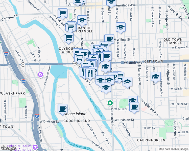 map of restaurants, bars, coffee shops, grocery stores, and more near 1529 North Fremont Street in Chicago