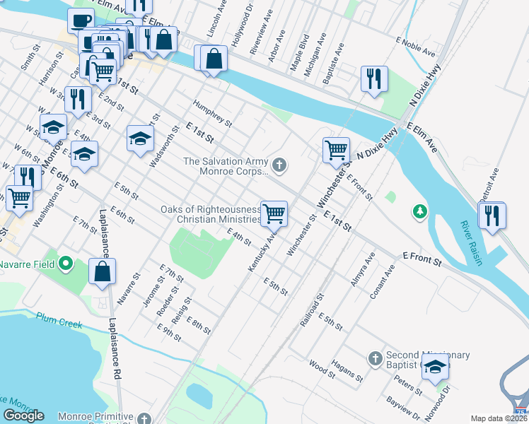 map of restaurants, bars, coffee shops, grocery stores, and more near 908 East 2nd Street in Monroe