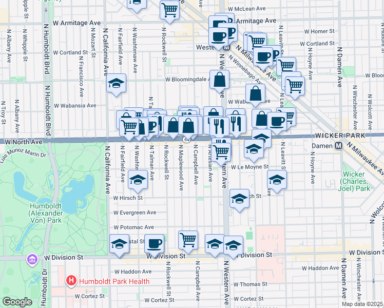 map of restaurants, bars, coffee shops, grocery stores, and more near 1528 North Campbell Avenue in Chicago