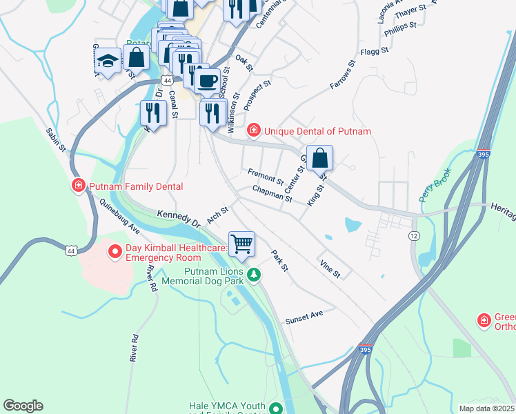 map of restaurants, bars, coffee shops, grocery stores, and more near 198 South Main Street in Putnam