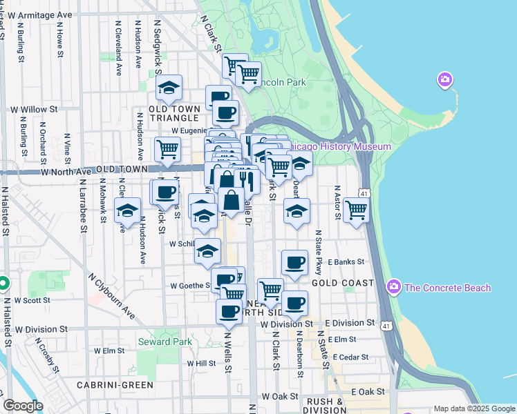 map of restaurants, bars, coffee shops, grocery stores, and more near 1546 North LaSalle Drive in Chicago
